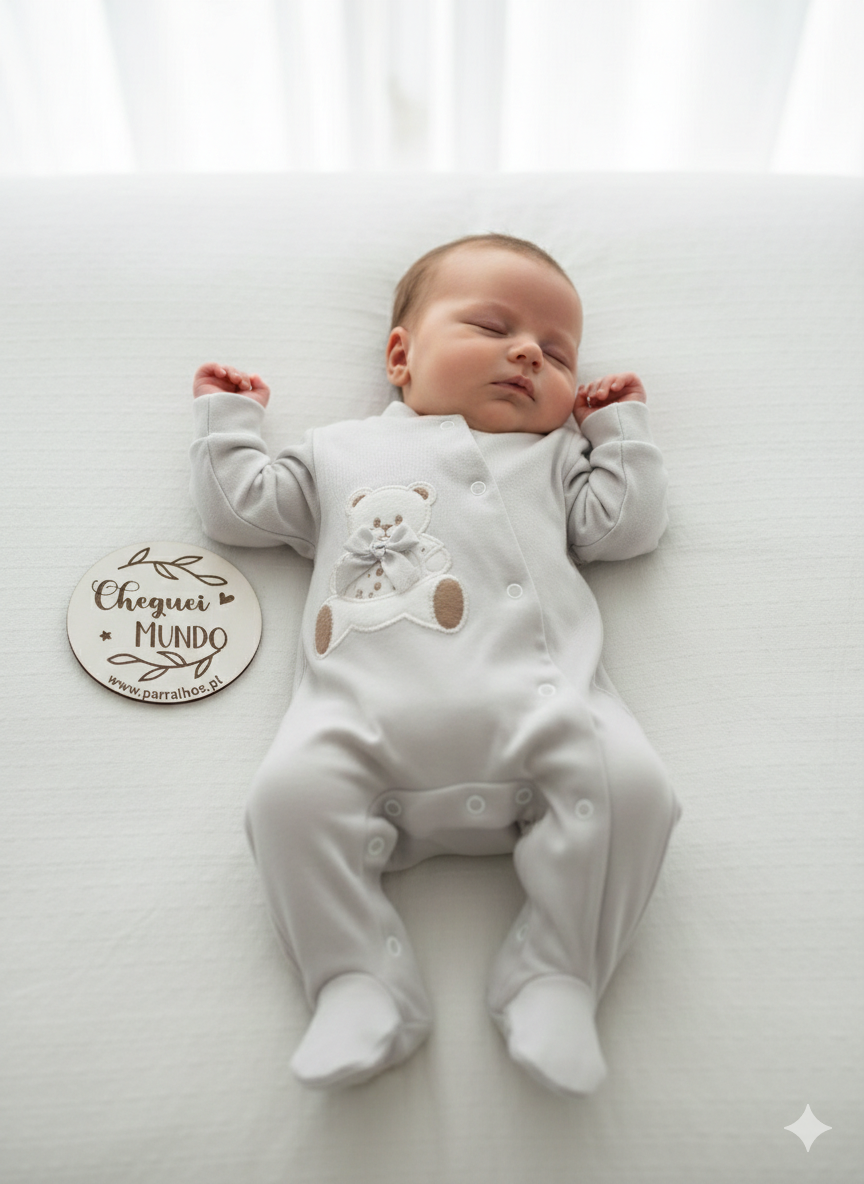 Bebé dormindo com pijama cinza claro com urso bordado e círculo de madeira com texto ao lado
