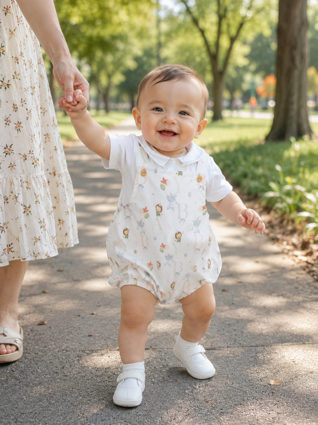 Bebé com macacão branco estampado e sapatinhos brancos ao ar livre a segurar a mão de um adulto com vestido floral creme