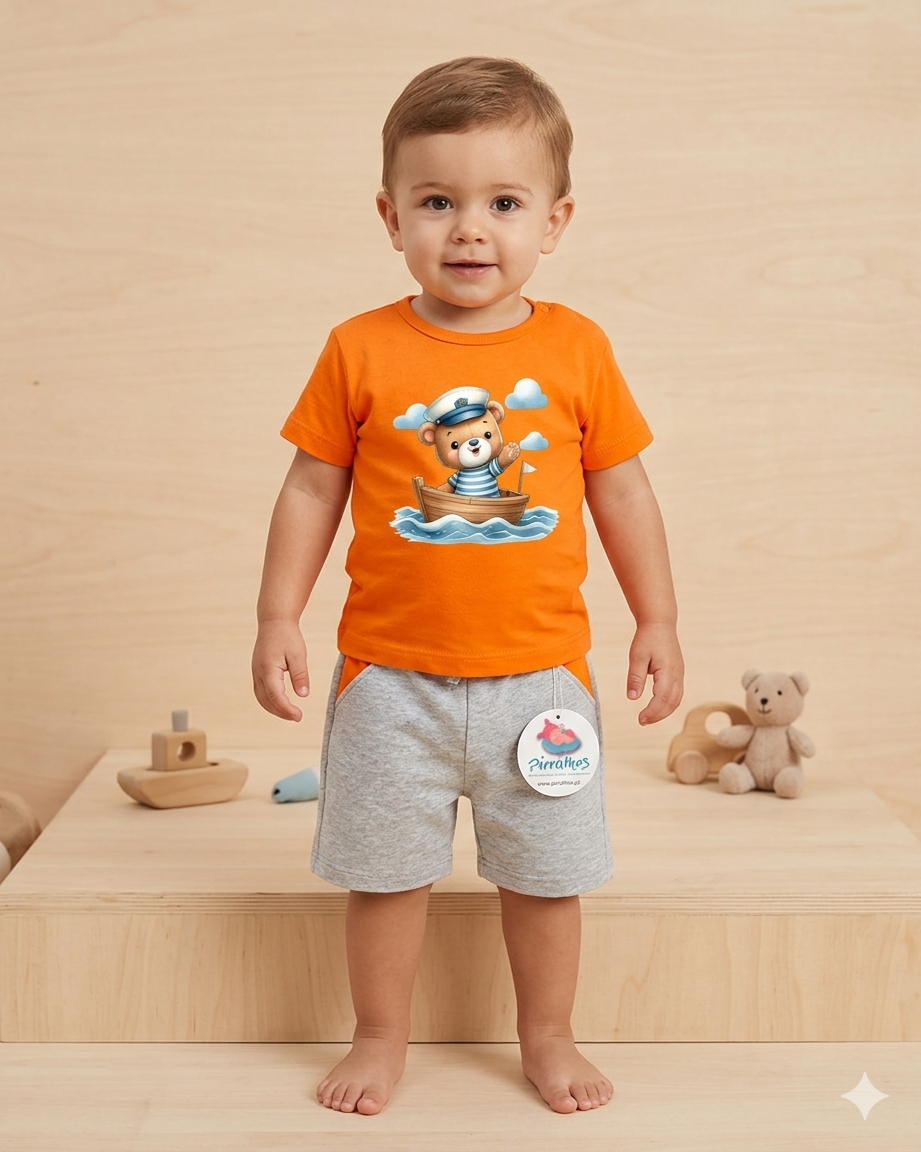 Conjunto infantil com ursinho marinheiro na t-shirt alaranjada e calções cinzentos com etiqueta Pirathes