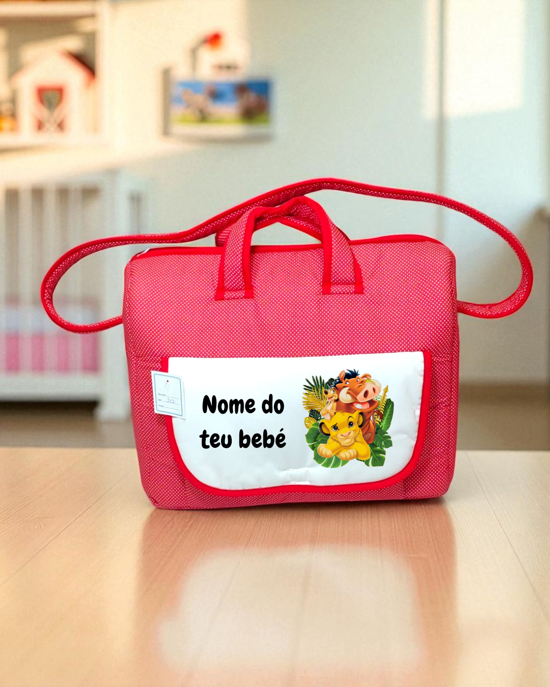Mala vermelha para bebé com bolso branco e imagem de Simba e Pumba