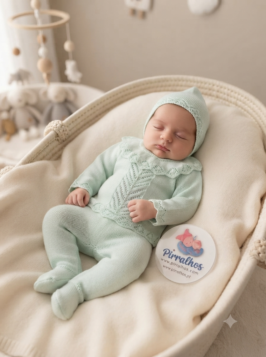 Bebé dormindo vestido com roupa de malha verde-água com padrão rendado