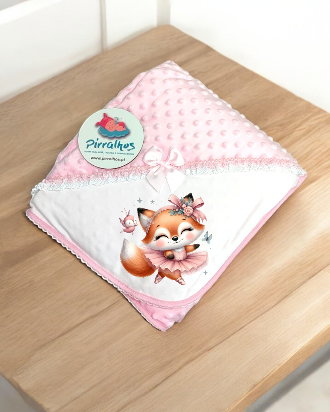 Manta de bebé rosa com estampa de raposa dançante e botão fio