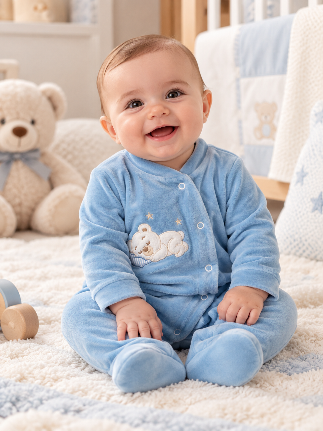 Bebé sorridente vestido com macacão azul claro com urso branco a dormir sentado em tapete macio com ursinho de peluche ao fundo