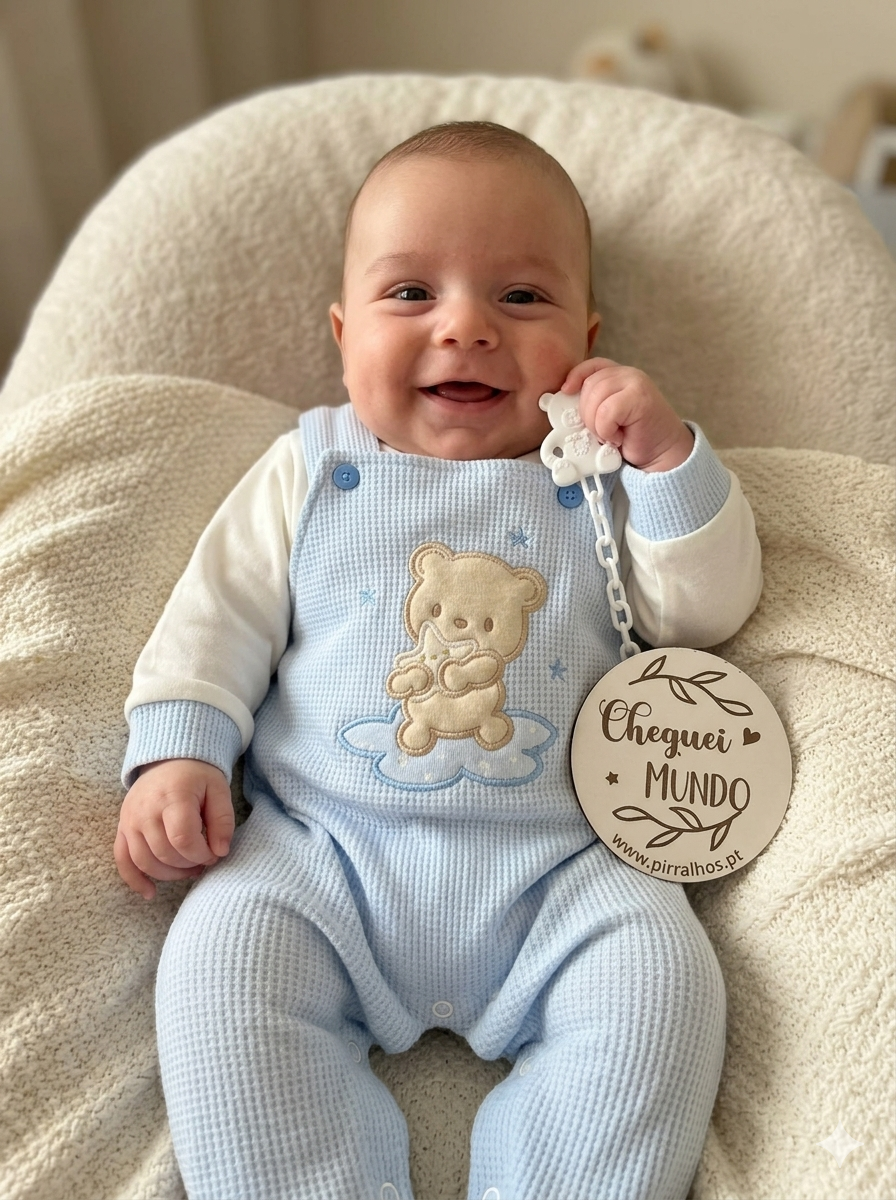 Bebé sorridente vestido com macacão azul claro e branco com ursinho bordado sentado em tecido creme macio segurando plaquinha redonda de madeira.