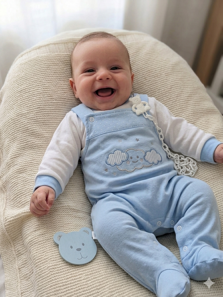 Bebé sorridente com roupa azul e branca sentado em tecido branco de malha com brinquedo de cabeça de urso azul ao lado.
