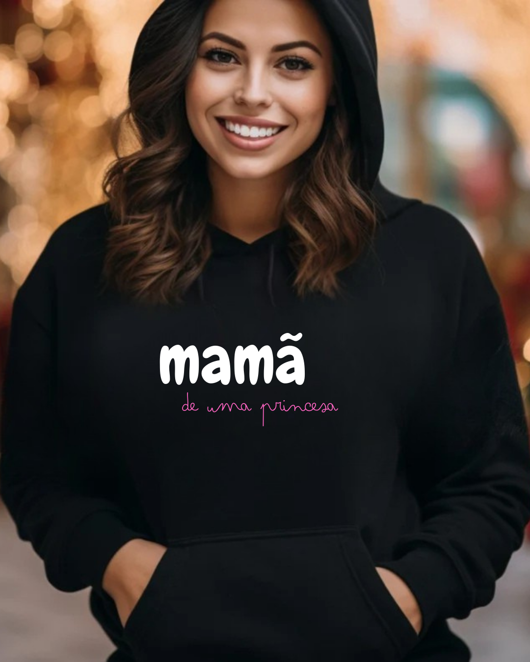 Casaco preto com capuz e bolso canguru com texto 'mamã de uma princesa'