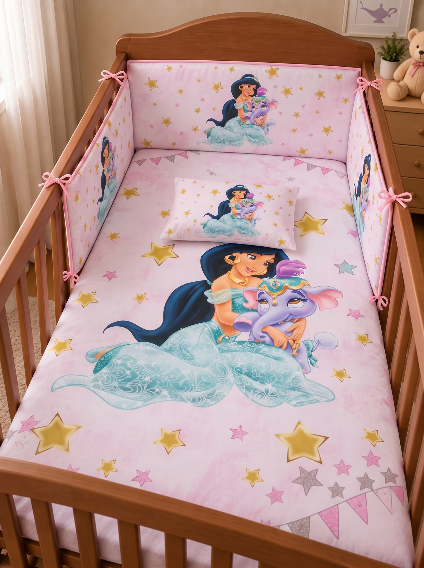 Berço de madeira com roupa de cama rosa decorada com princesa e elefante lilás e estrelas douradas