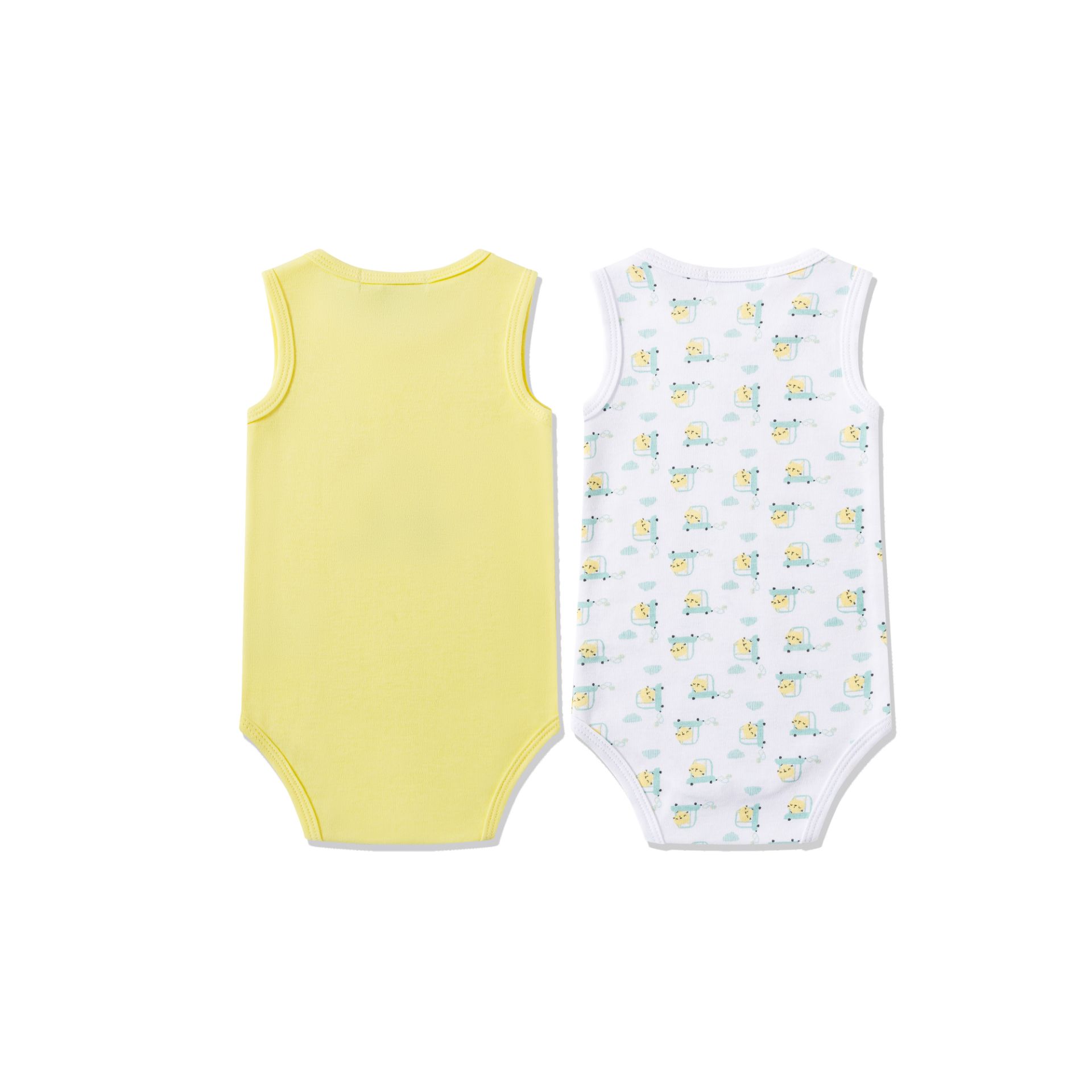 Conjunto de bodies de bebé amarelo e branco com padrão infantil