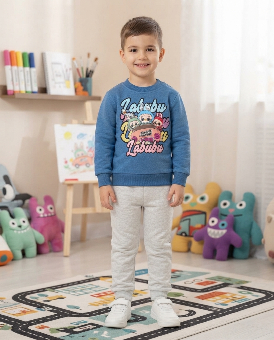 Criança com camisola azul Labubu e calças cinza em quarto infantil com brinquedos e tapete de estrada.