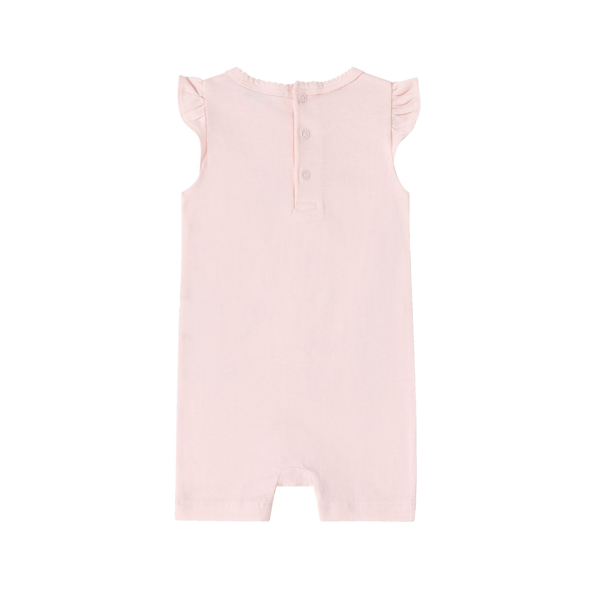 Macacão para bebé cor-de-rosa claro com folhos nas mangas e botões na parte de trás