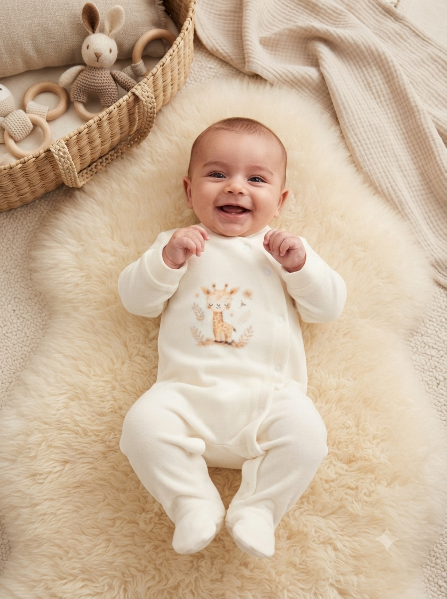 Bebé sorridente deitado em tapete creme com pijama branco com girafa e brinquedos em cesto de vime