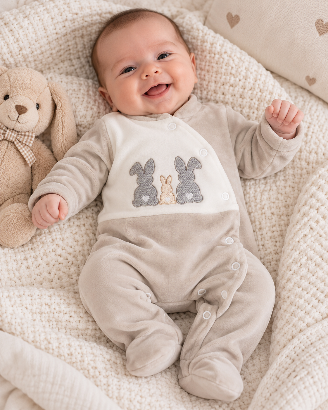 Bebé sorridente com macacão bege e creme bordado com coelhos, deitado em manta bege com ursinho peluche