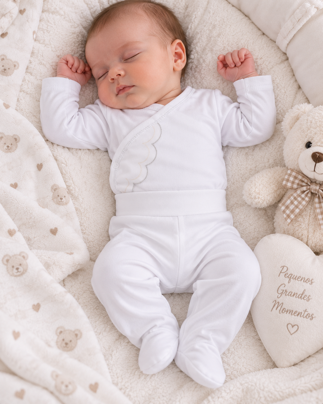 Bebé dormindo vestido com conjunto branco e manta com padrão de ursos.