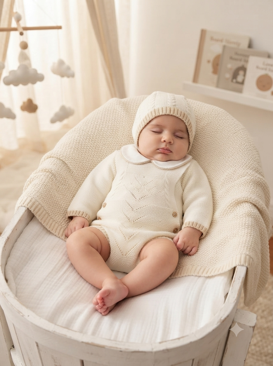Bebé a dormir em cesta com roupa e manta de malha creme
