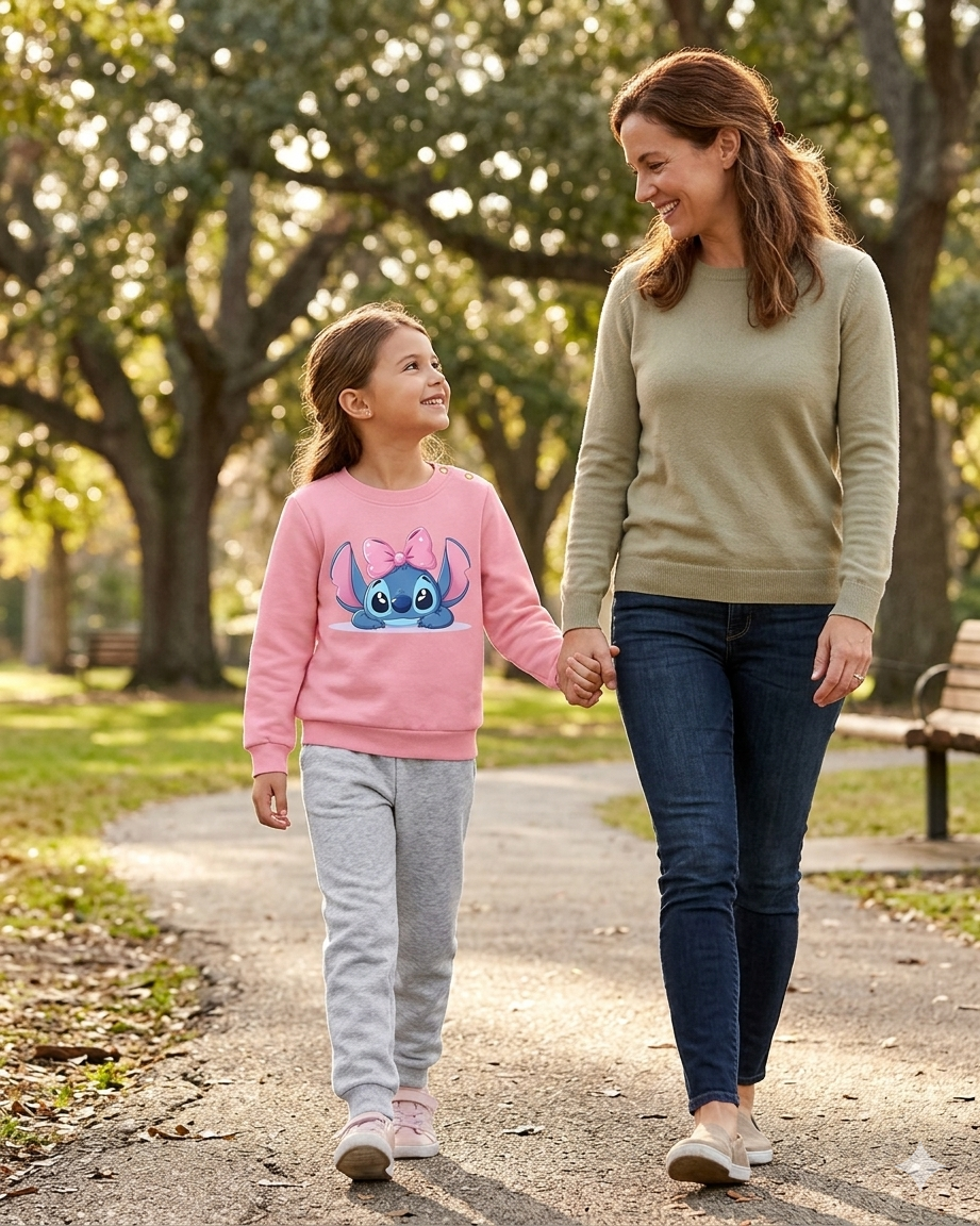 Menina e mulher a passear num parque, menina com sweatshirt rosa com personagem de desenho, mulher com camisola verde clara.