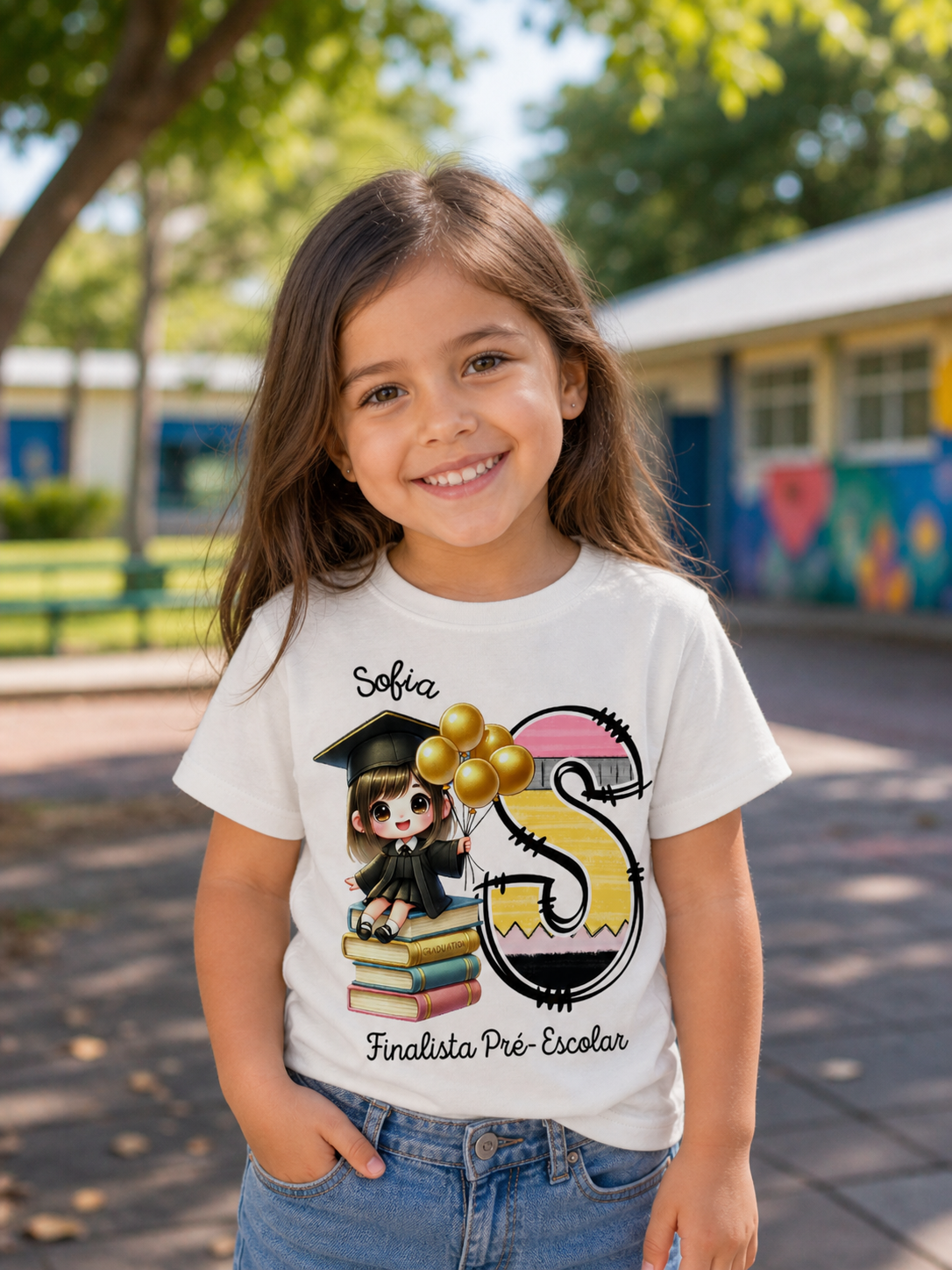 Camisola branca com estampa infantil de menina formada e texto Sofia Finalista Pré-Escolar.