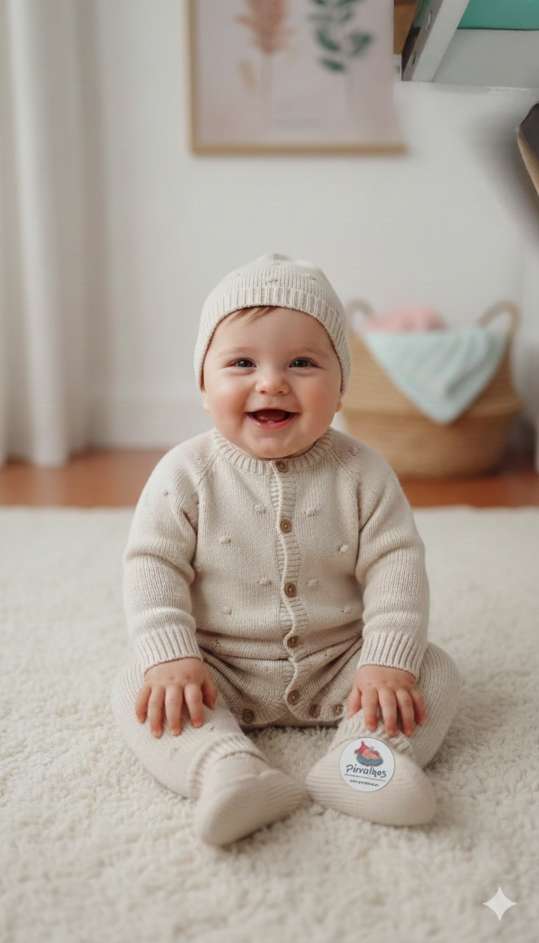 Bebé vestido com roupa tricotada bege sentado em tapete branco segurando brinquedo com texto