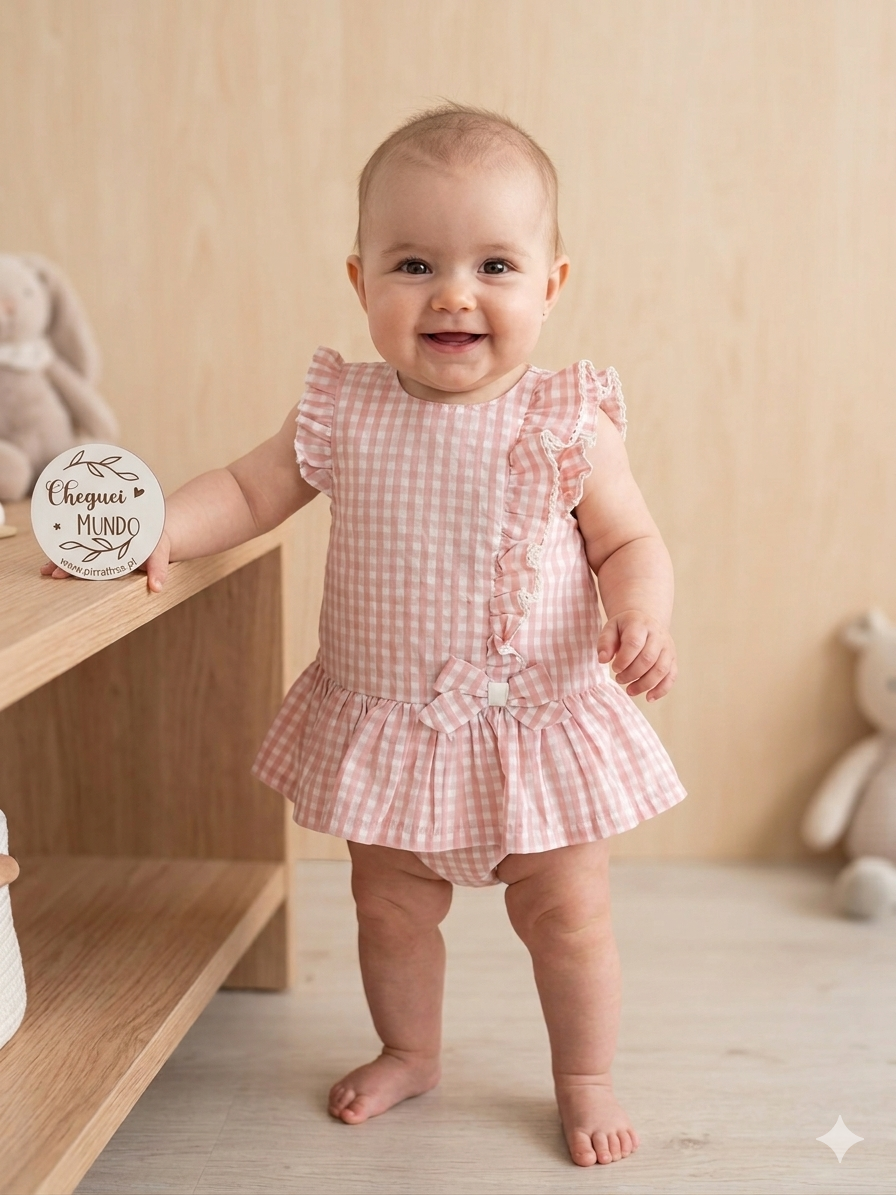 Bebé vestindo roupa rosa xadrez com folhos e laço, segurando cartão redondo com texto em ambiente interior