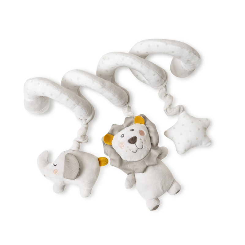 Brinquedo em espiral para berço com elefante, leão e estrela almofadados em tons de cinzento e bege