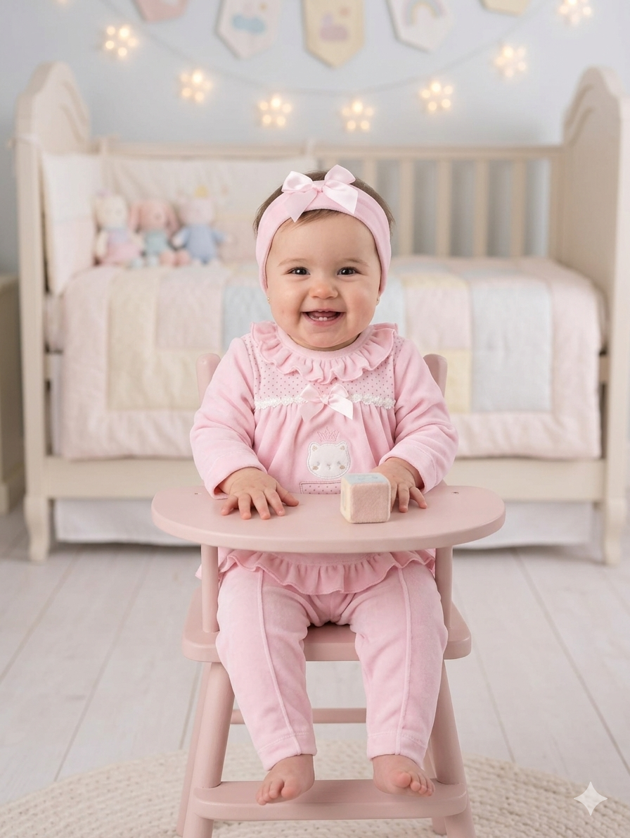 Bebé sorridente sentada numa cadeira alta rosa em quarto de bebé decorado
