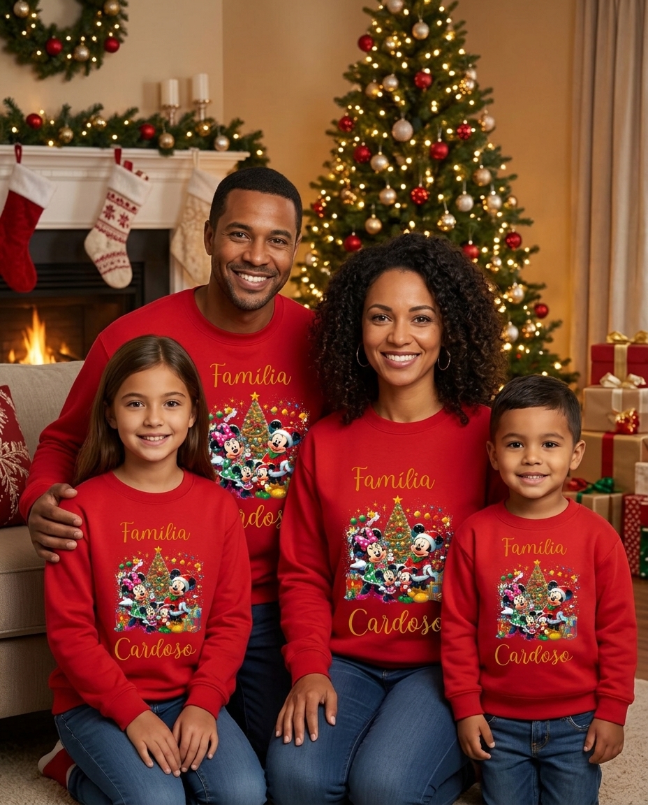 Família com camisolas vermelhas de natal estampadas Familia Cardoso em sala decorada para natal