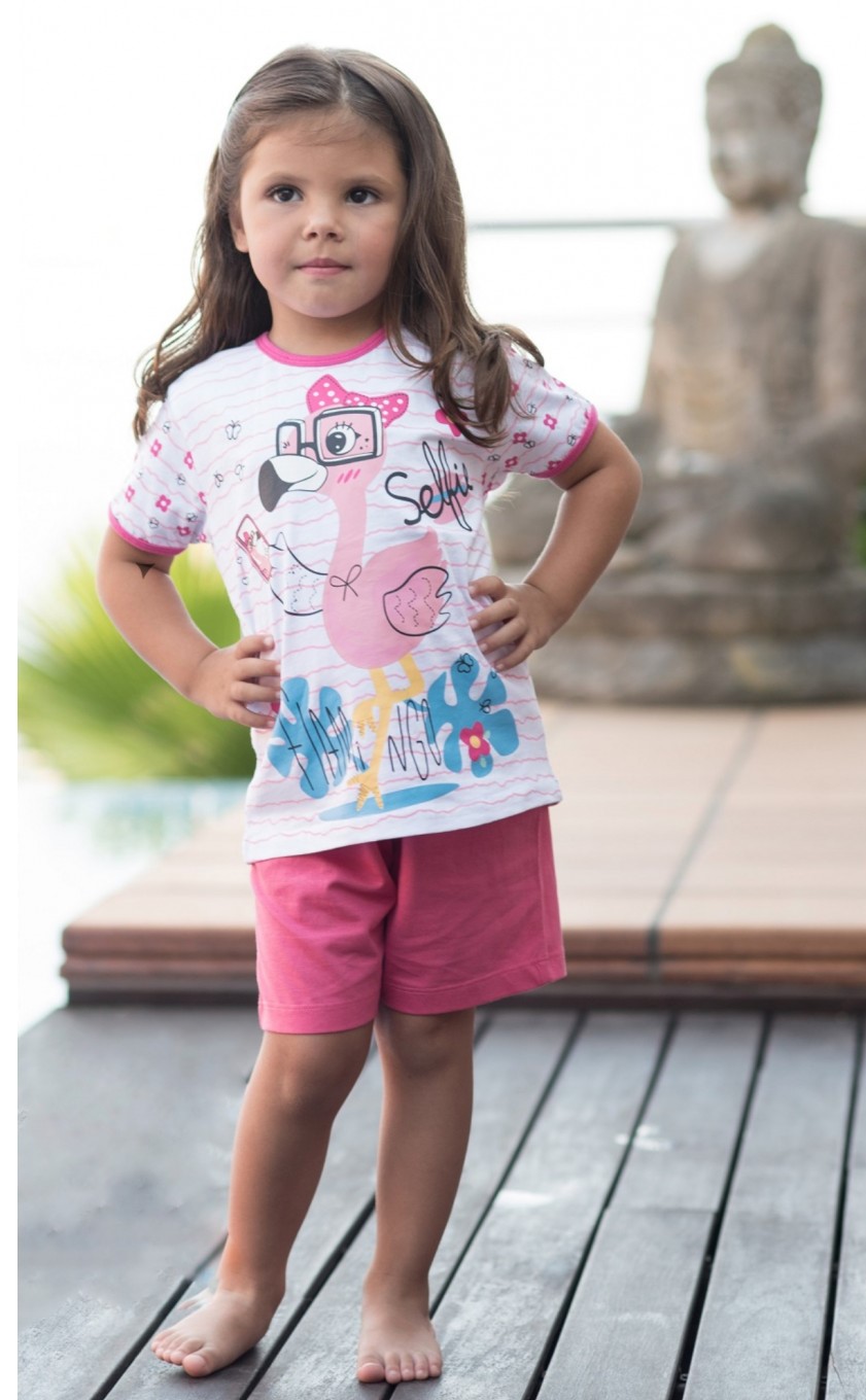 Conjunto infantil t-shirt branca com flamingo e calções rosa