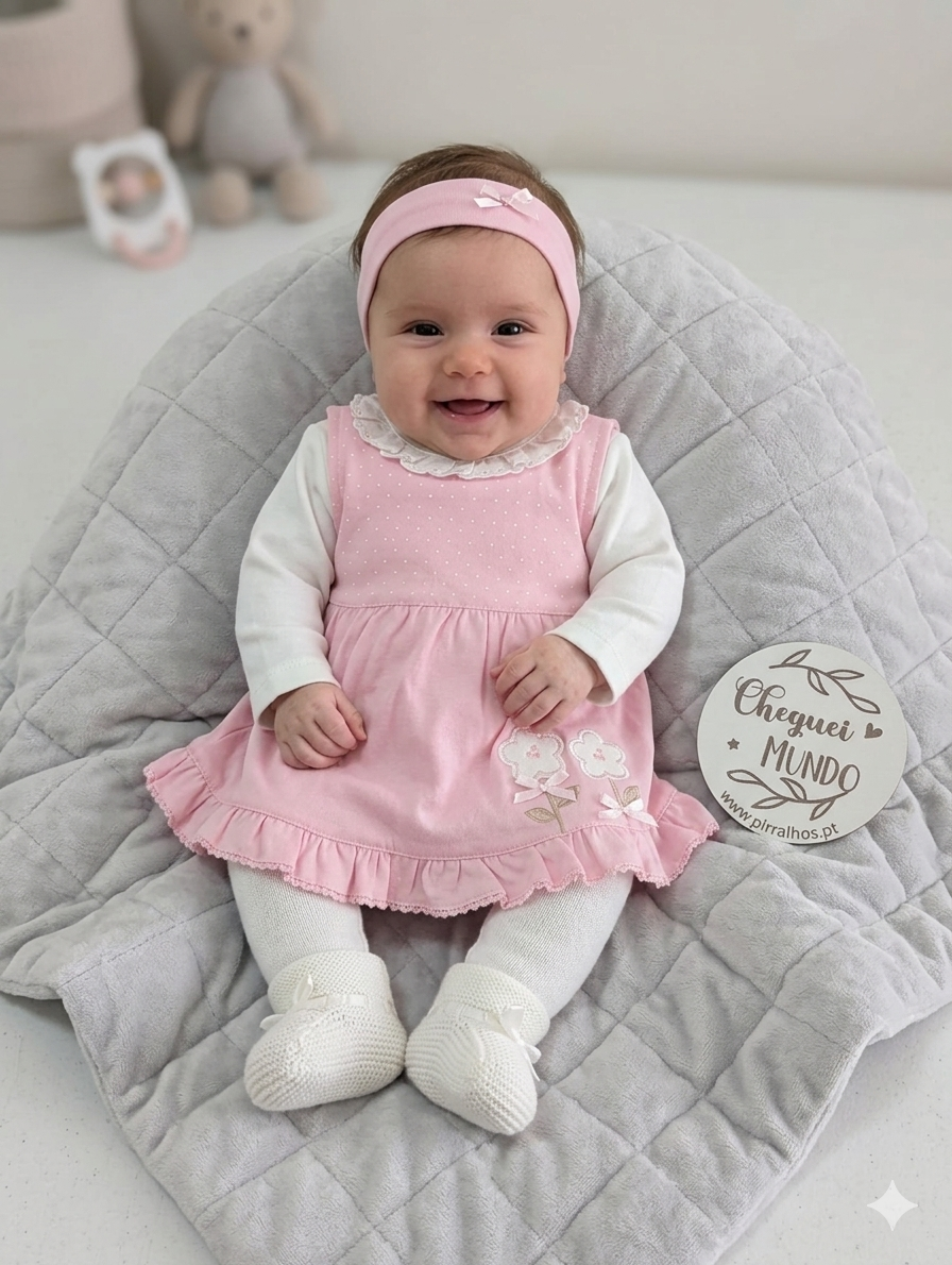 bebé com vestido rosa sentado sobre manta cinzenta acolchoada
