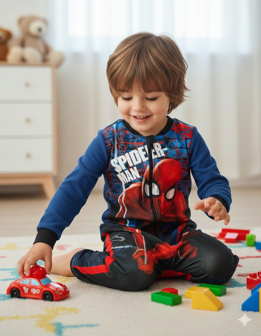 Criança a brincar vestindo pijama do Homem-Aranha azul e vermelho com fecho zíper no chão com brinquedos.