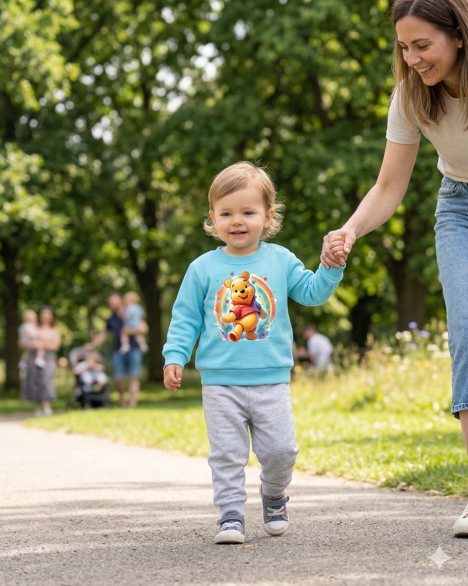 Criança com camisola azul com estampa Ursinho Pooh e calças cinza a caminhar num parque com árvores