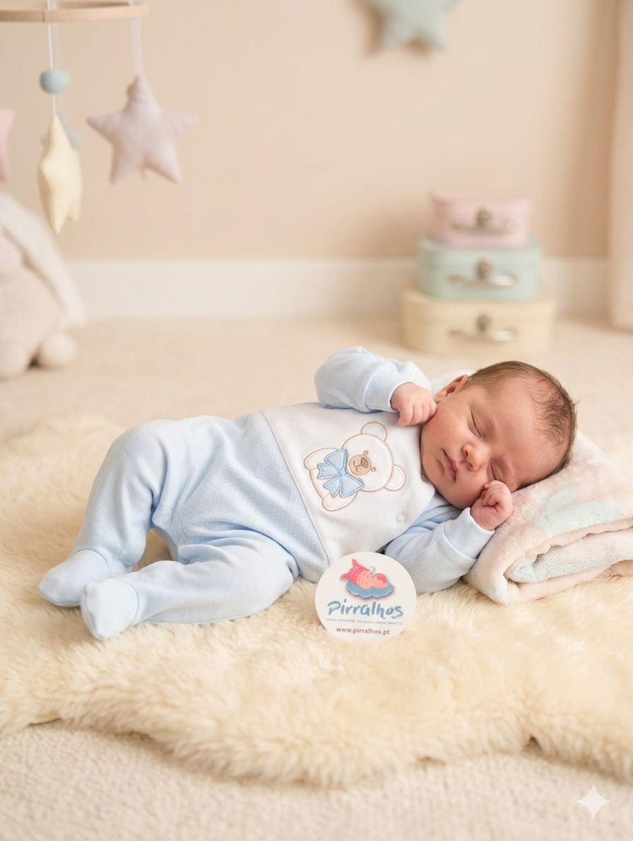 Bebé a dormir com pijama azul claro e ursinho bordado, sobre tapete creme felpudo com manta macia