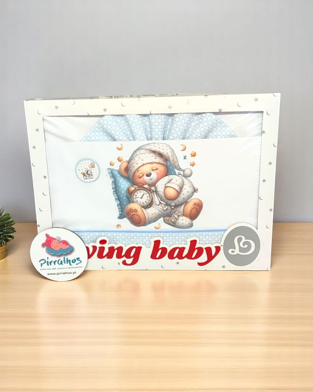 Conjunto de cama para bebé com ursinho e padrão azul e branco