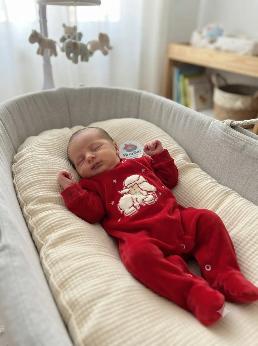 Bebé a dormir de fato vermelho com ovelha branca num berço confortável cinzento e almofada creme