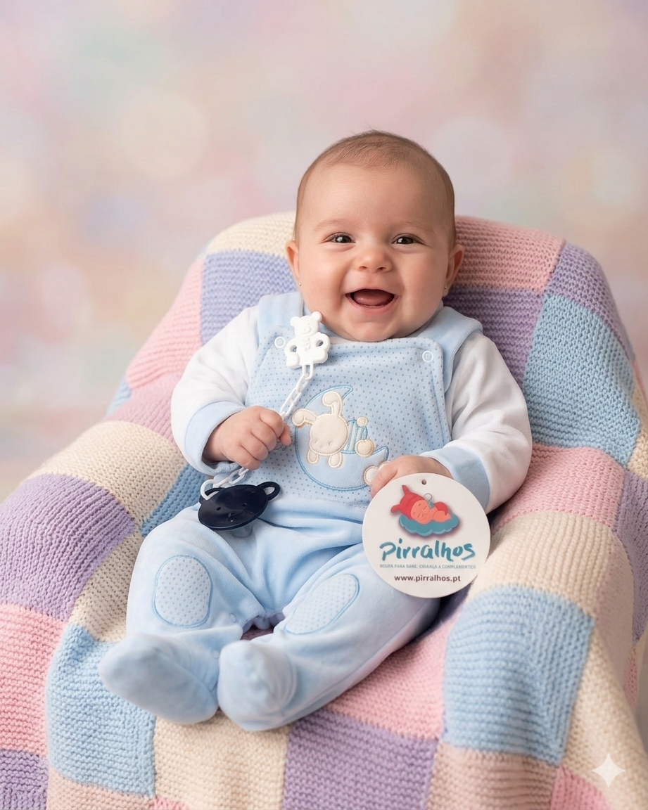 Bebé sorridente com pijama azul e chupeta sentado em poltrona com manta colorida
