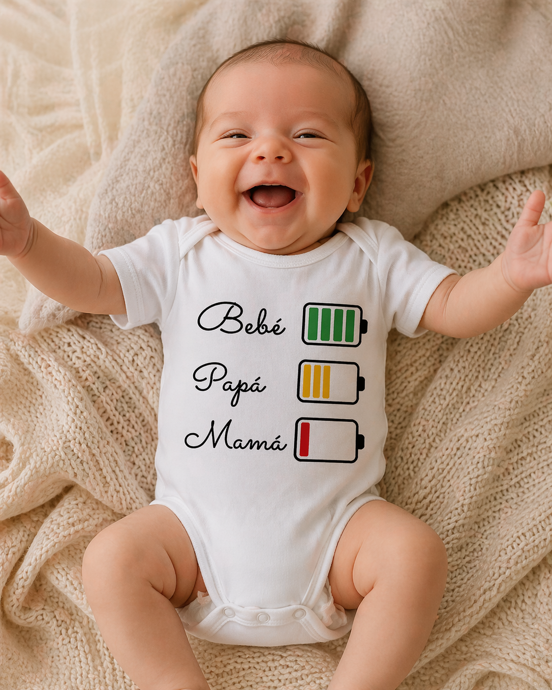 Body branco para bebé com ícones de bateria coloridos e texto em preto Bebé, Papá, Mamã