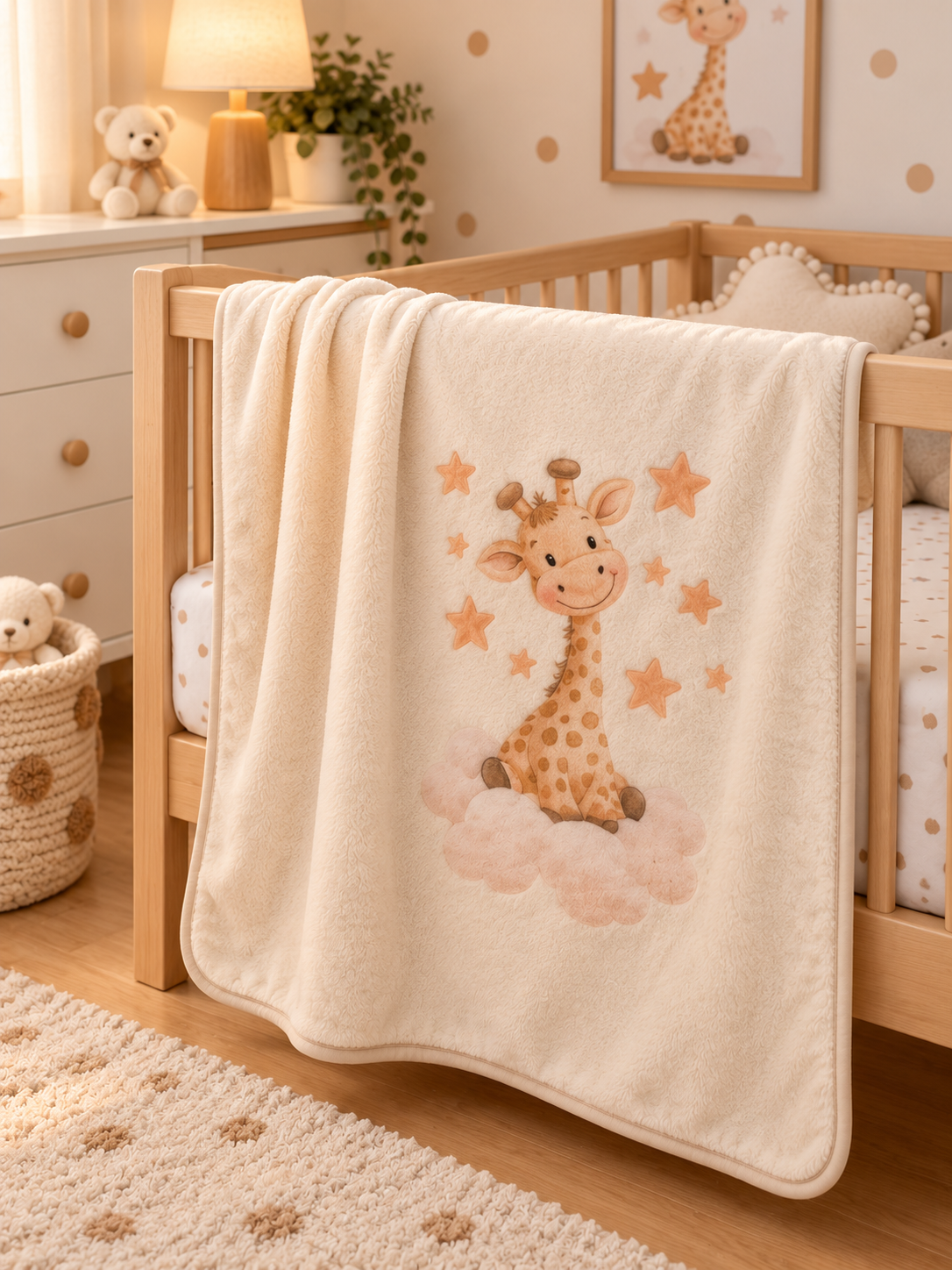 Cobertor de bebé creme com desenho de girafa e estrelas