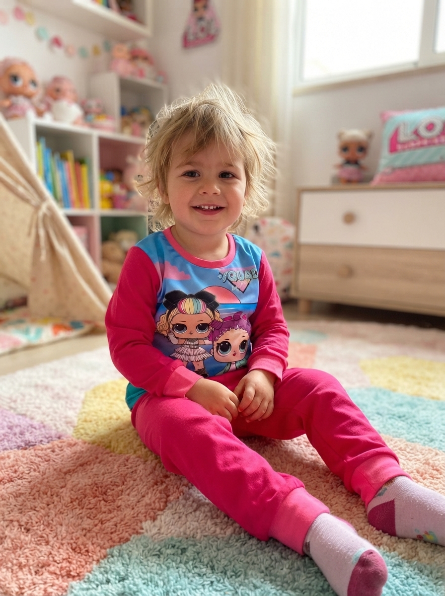 Criança com pijama rosa com bonecas LOL, sentada em tapete colorido em quarto infantil