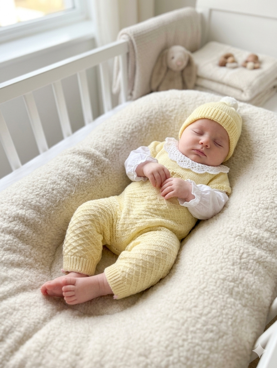 Bebé vestido de amarelo a dormir em almofada creme dentro de berço branco