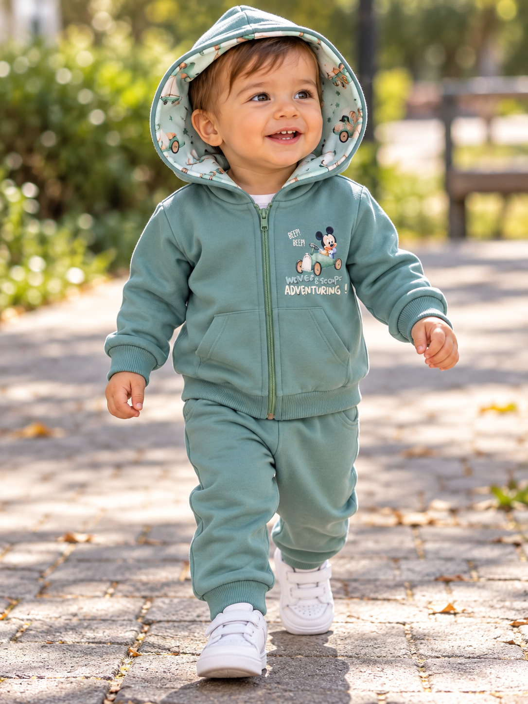 Bebé a usar conjunto verde com casaco e calças, casaco tem capuz e estampado do Mickey, e sapatilhas brancas.