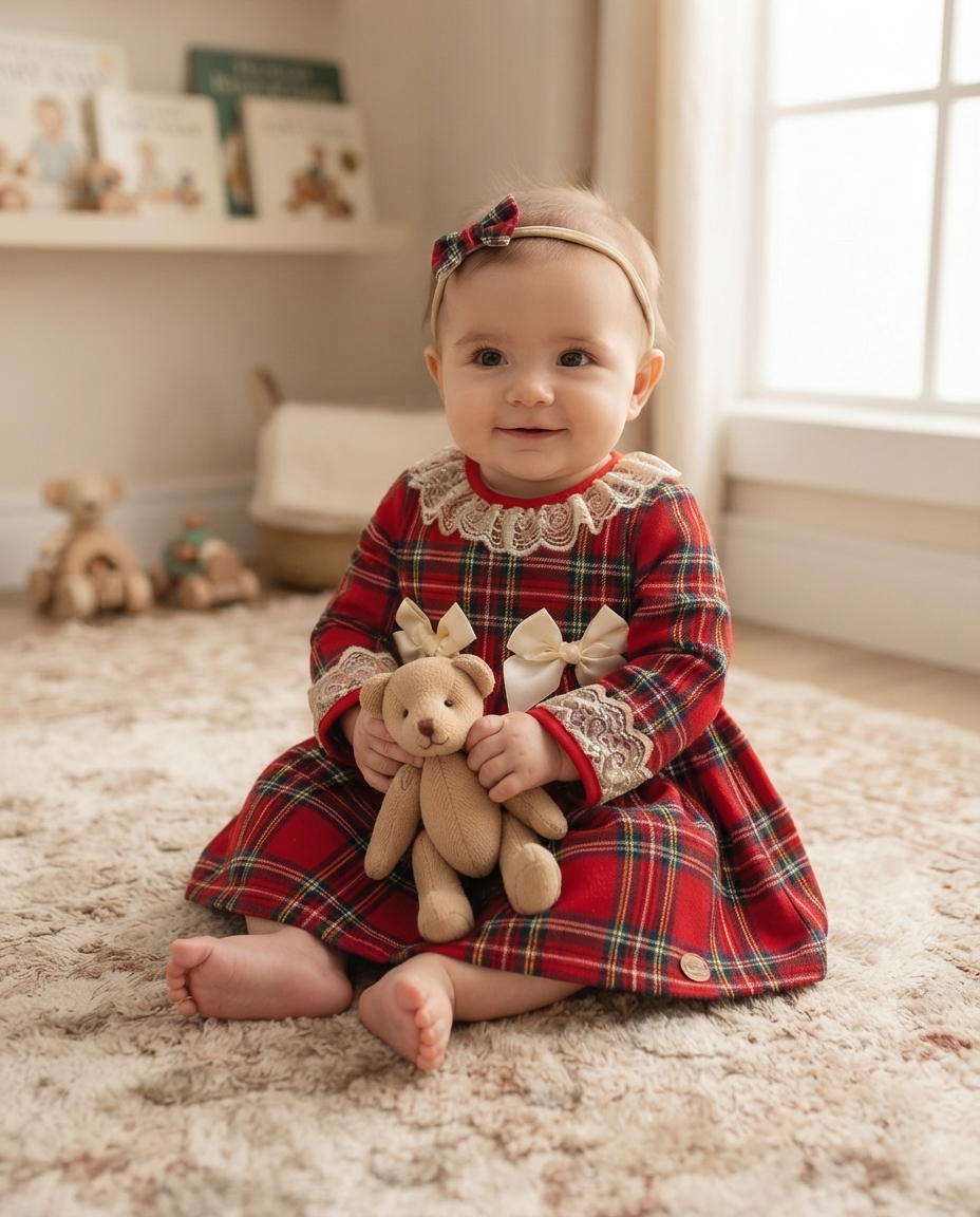 Bebé com vestido xadrez vermelho e ursinho de peluche castanho.