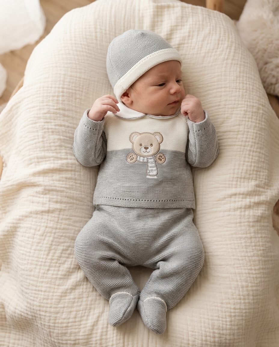 Bebé deitado com roupa de malha cinza e detalhe de ursinho bordado