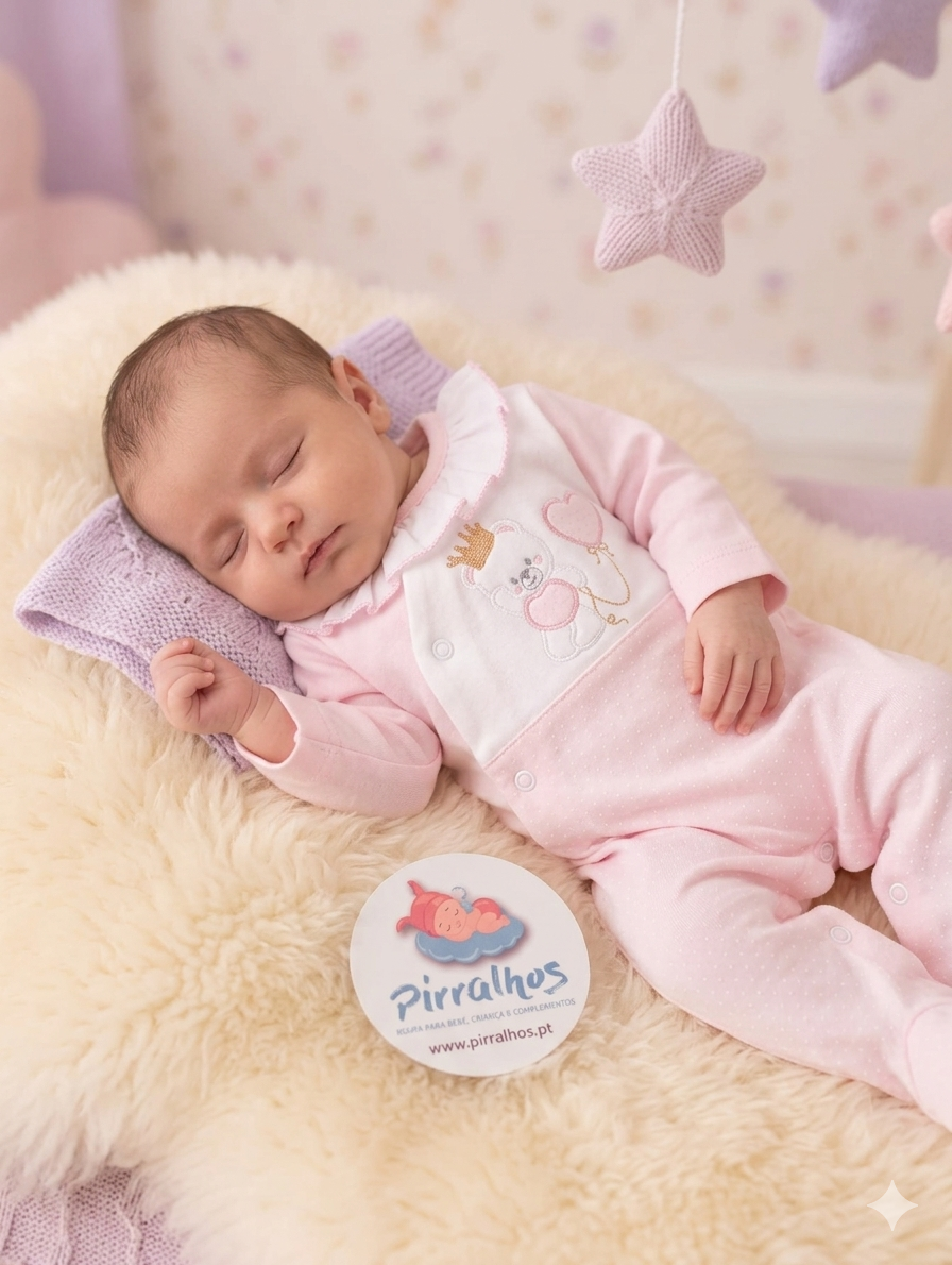 Bebé a dormir com fato cor-de-rosa e almofada peluda creme