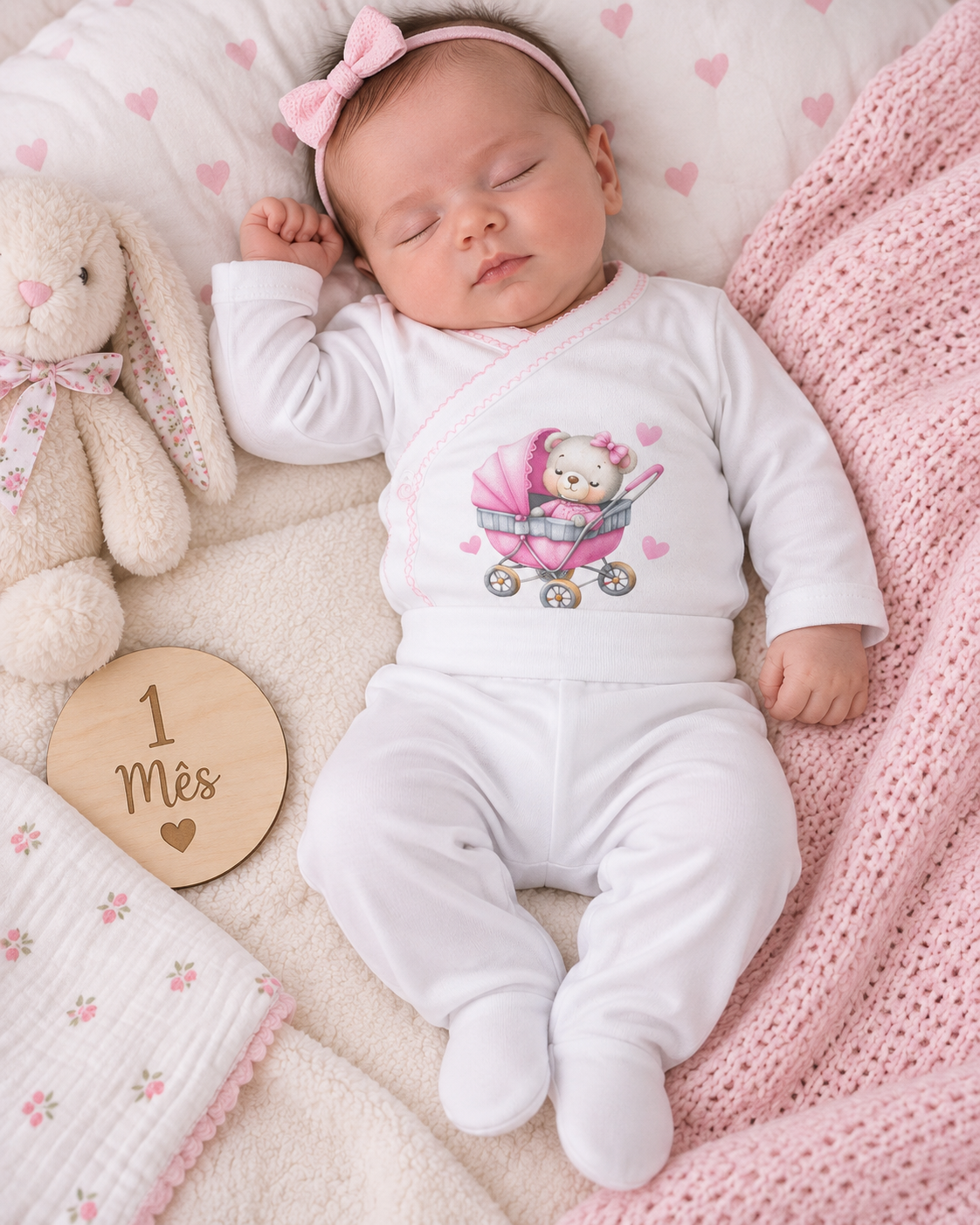 Bebé a dormir com roupa branca e faixa rosa, ursinho de peluche e placa de madeira com texto 1 Mês ♥.
