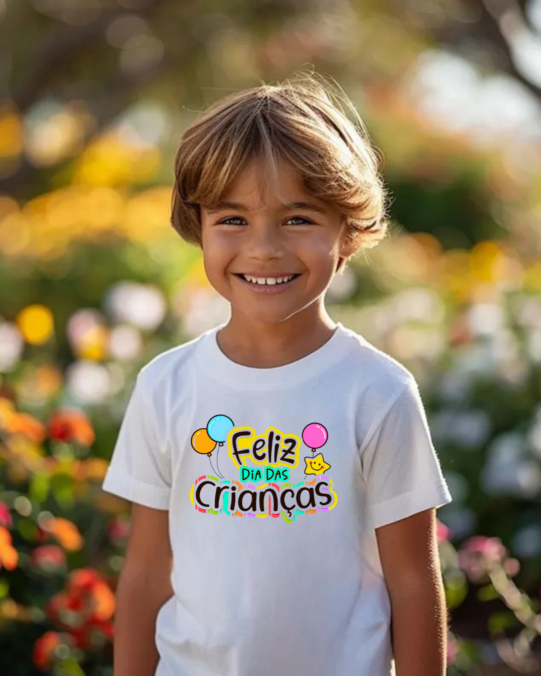 Criança com camiseta branca estampada 'Feliz DIA DAS Crianças' ao ar livre