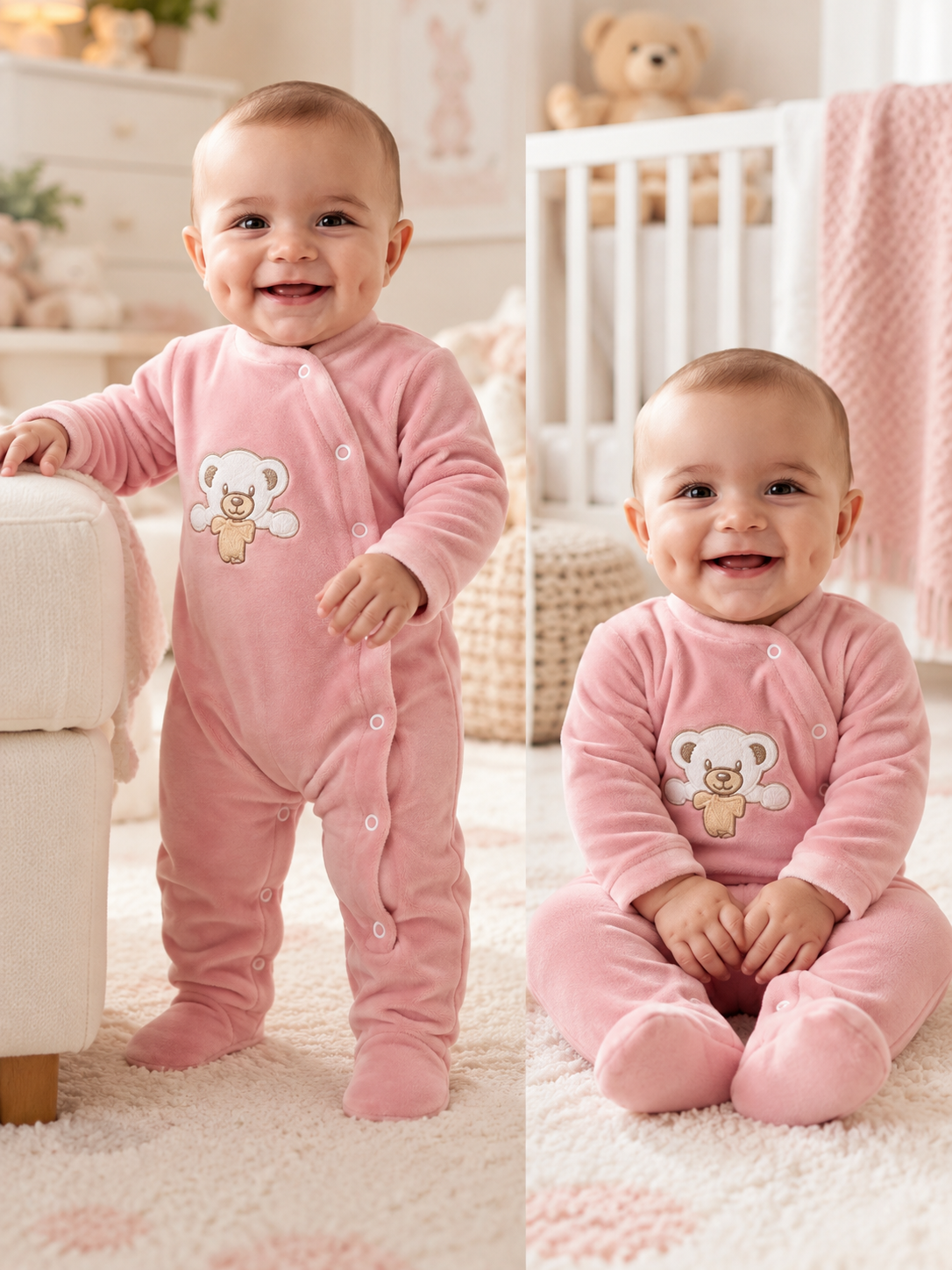 Bebé com pijama cor-de-rosa com bordado de ursinho sentado e em pé