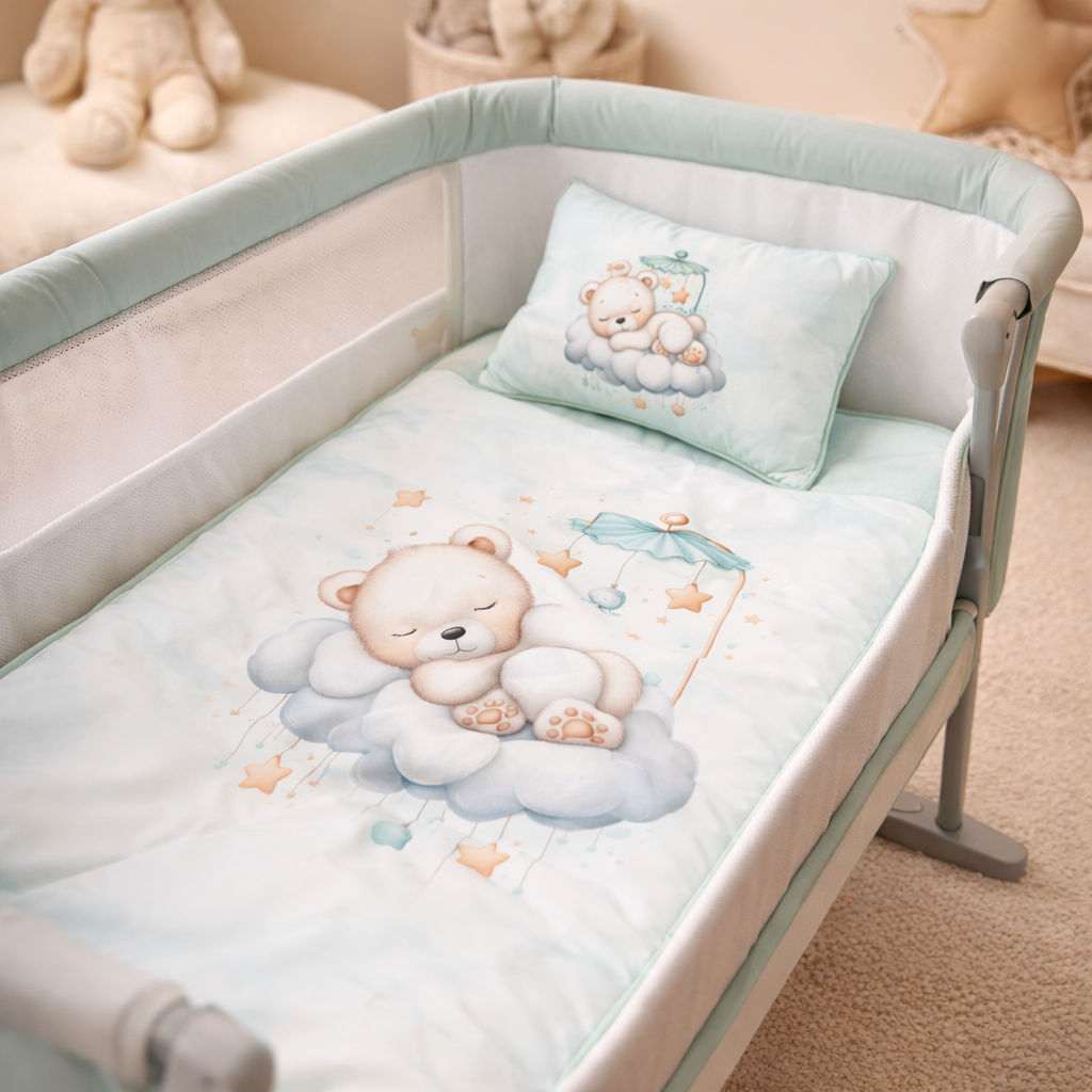 Berço de bebé com edredão e almofada estampados com urso em nuvem