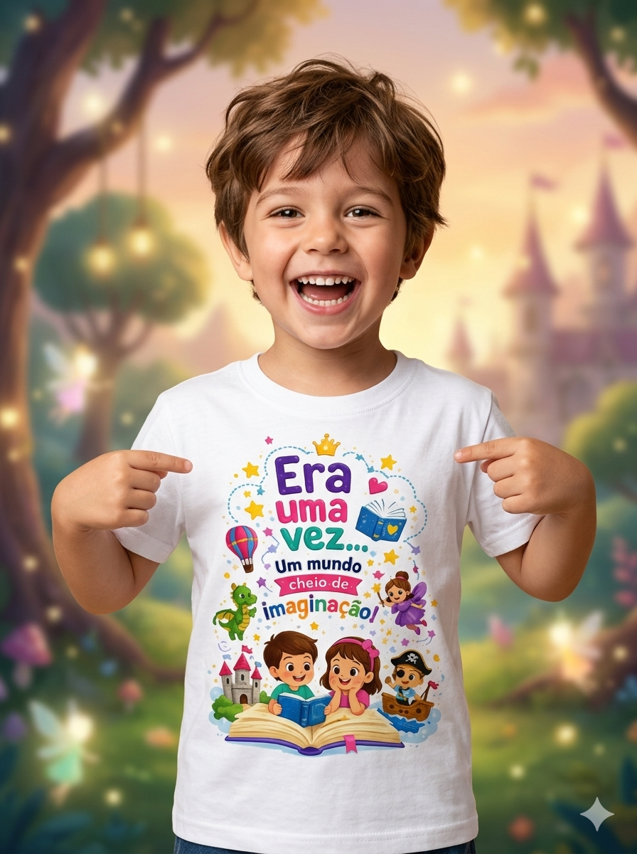 Criança sorridente a usar camisola branca com estampa Era uma vez... Um mundo cheio de imaginação e desenhos coloridos