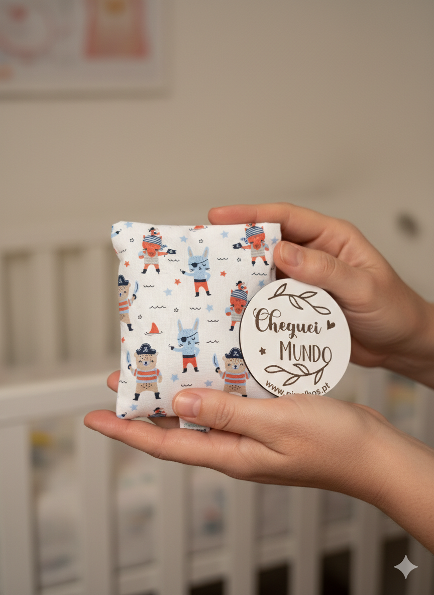 Almofada pequena com padrão de piratas coloridos e etiqueta Cheguei MUNDO, mãos segurando