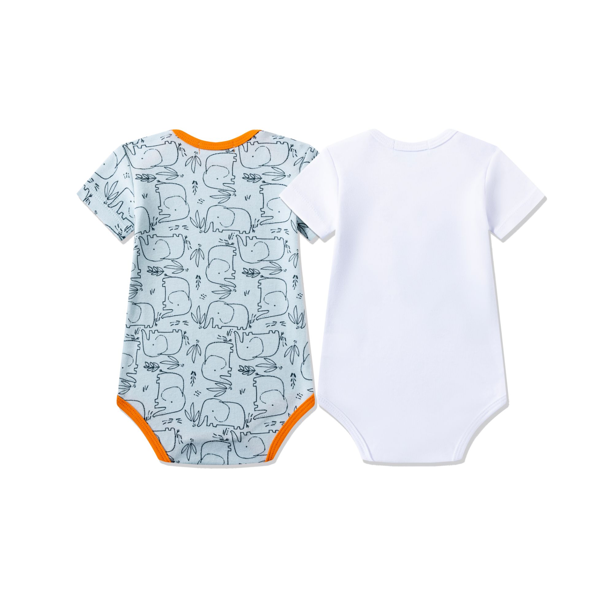 Dois bodys de bebé, um branco e outro azul com padrão de dinossauros e detalhes laranja