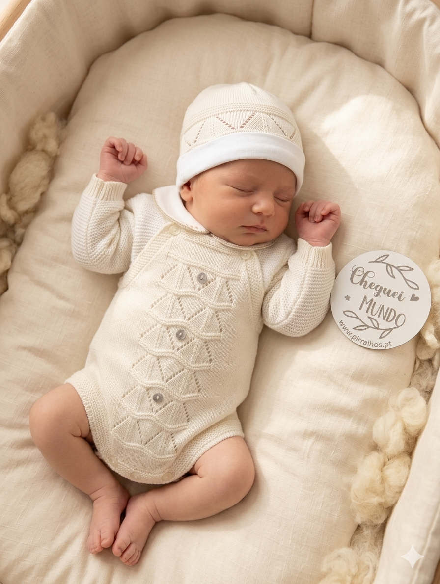Bebé a dormir vestido de malha branca com gorro, etiqueta com texto Cheguei MUNDO