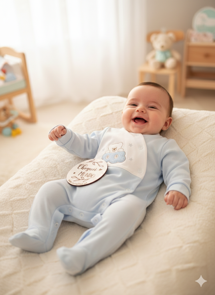 Bebé sorridente com fato de pijama azul claro com ursinho, deitado numa superfície creme